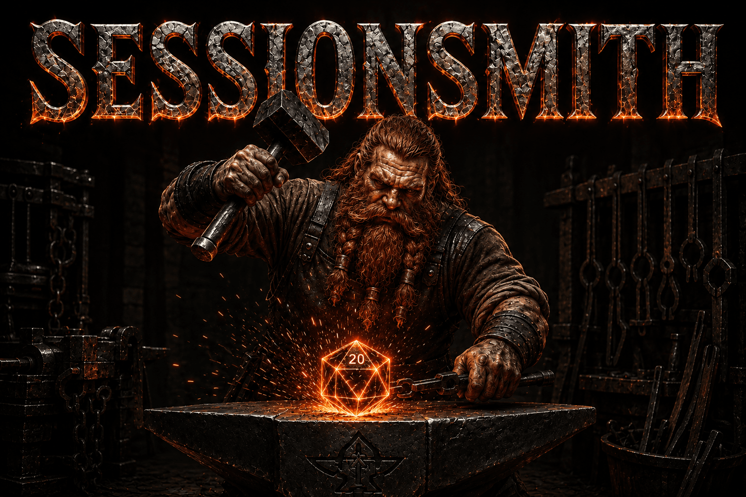 Sessionsmith — a dwarf blacksmith forging a glowing twenty-sided die